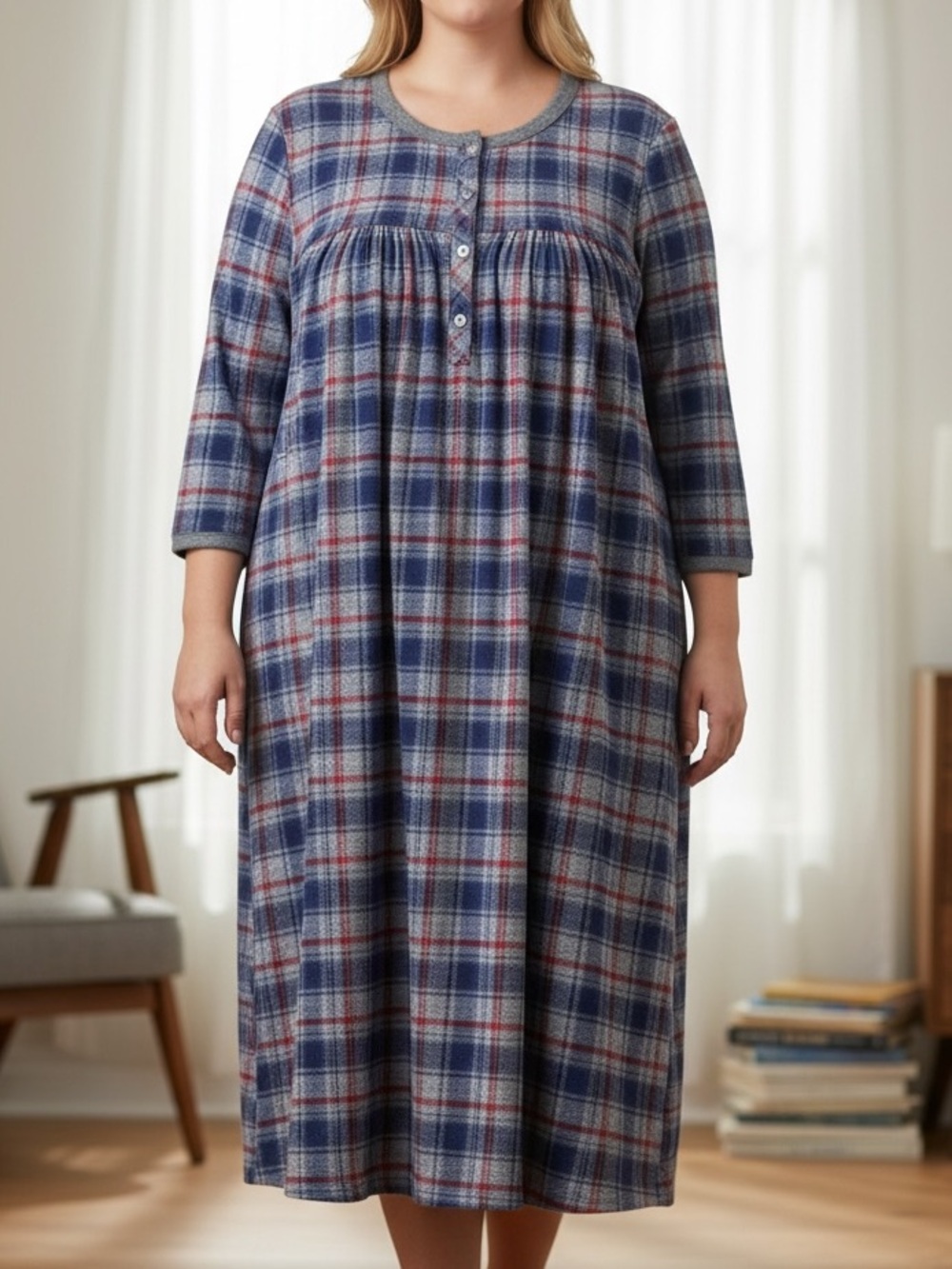 PLUS NIGHTGOWN SIZE 4X. ARIA SLEEPWEAR, LONG SLEEVES, SOFT FLEECE PLAID, POCKETS - Picture 16 of 16
